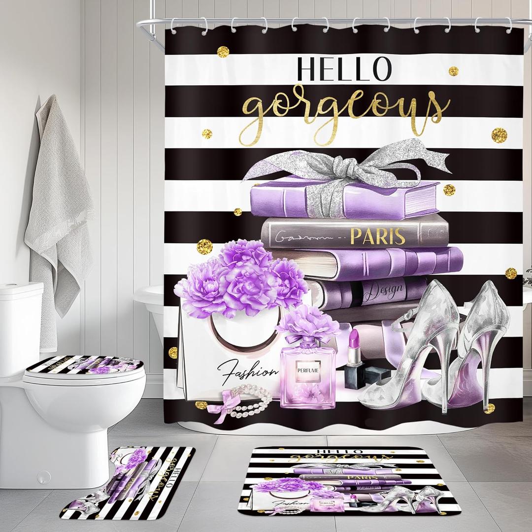 Cinbloo 4Pcs Black and Purple Shower Curtain Set,High Heels Perfume Striped Bathroom Curtain with Rug, Toilet Lid Cover, Bath Mat, Modern Floral Flower Magazine Books Shower Curtain with 12 Hooks, 72"W x 72"L (Pack of 4)