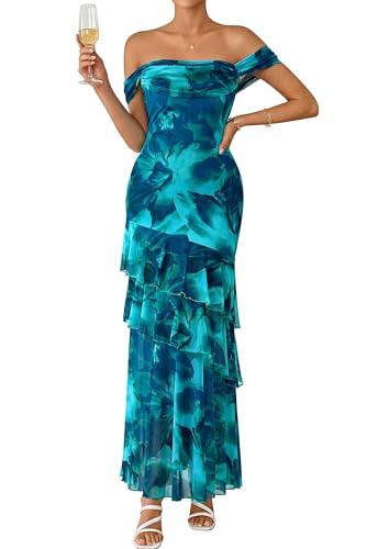 PRETTYGARDEN Women's Formal Cocktail Maxi Dresses 2026 Summer Off Shoulder Floral Mesh Bodycon Spring Wedding Guest Dress (Floral Blue Green,Medium)