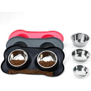 Stainless Steel Dog Bowls with Non-Slip Silicone Mat, Spill Proof Food & Water Bowls Set, Easy Clean Puppy Food Dish, Dishwasher Safe, Suitable for Dogs Cats Pet Under 20lbs, Medium, Black (Medium-13 oz)
