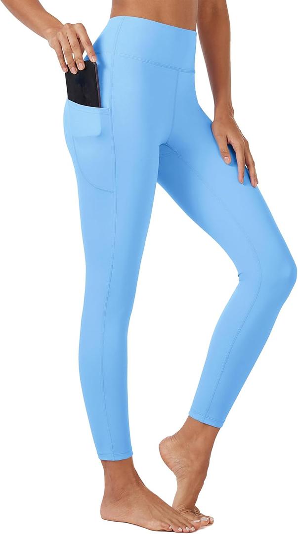 MAGCOMSEN Womens Yoga Pants High Waisted Tummy Control Leggings with Pockets Athletic Leggings Ankle Length Light Blue, L