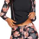 Women's Long Sleeves Rash Guard - 2 Piece Swimsuits with Built in Bra Swim Shirt and Shorts with Pockets (Small, Orange Floral)