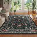 5x7 Washable Rug Vintage Floral Botanical Area Rug Non Slip Low Pile Large Rugs for Living Room, Bedroom, Farmhouse, Dining Room, Kids Playroom, Black