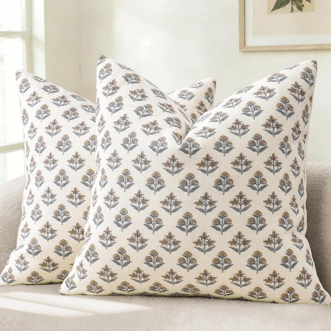 YCOLL Farmhouse Floral Print Throw Pillow Covers 18x18 Set of 2, Rustic Decorative Cushion Covers for Sofa Couch Bed Living Room, Vintage Floral Patterned Cottage Home Decor, Vintage Walnut