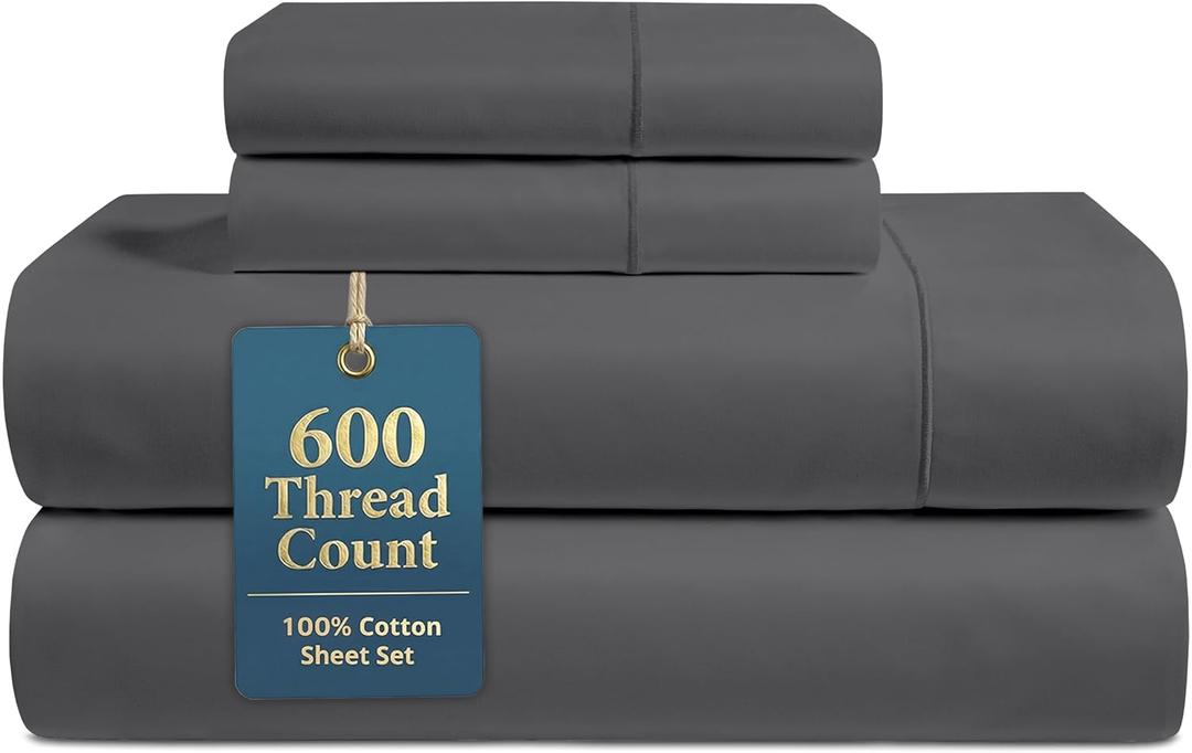 LANE LINEN 100% Cotton Sheets Full Size - Premium 600 Thread Count Sateen Weave for A Silky Feel - Extra Breathable & Cozy for Year Round Comfort - Fits Matresses Upto 15'' Deep - Charcoal