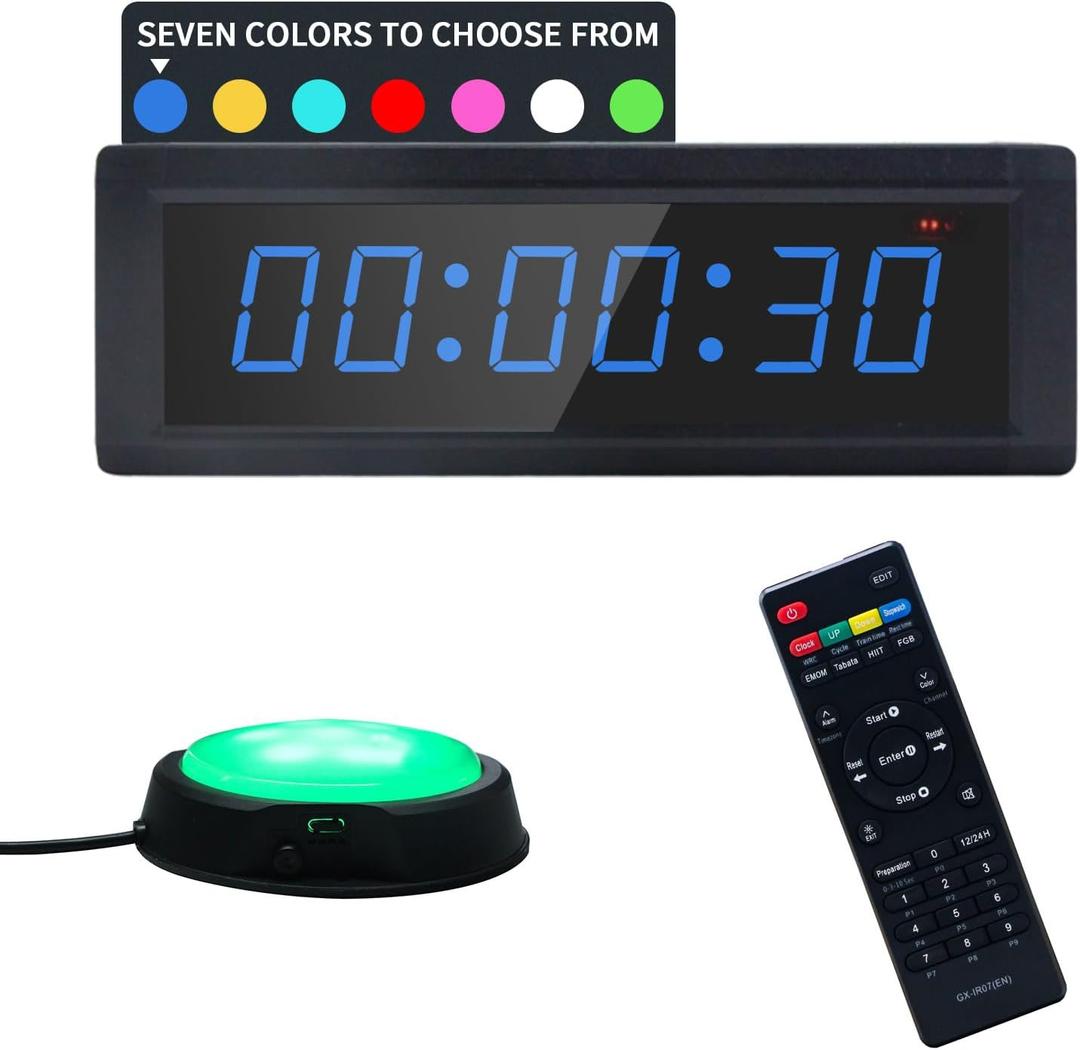 Gym Timer Clock with Remote Control & Push Button,7 RGB Color, Programmable Interval Timer, Countdown/Up Stopwatch,Wall Clock for Home Gym Garage,Portable Training Accessories(Plug-in)