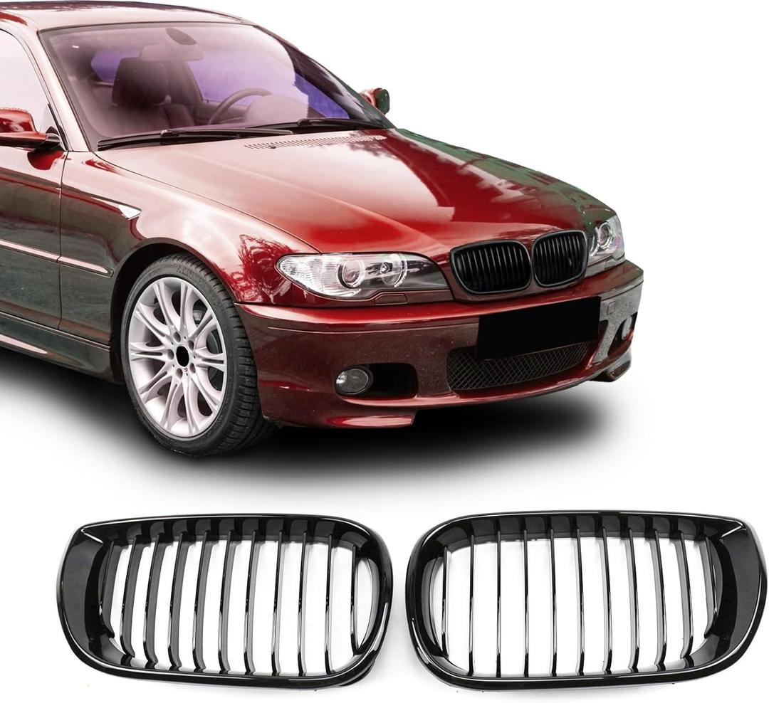 Front Grill Single Slat Front Grille for BMW E46 320i 325i 325xi 330i 330xi 4-Door 3 Series 2002 2003 2004 2005 - Front Kidney Grille (ABS Glossy Black)