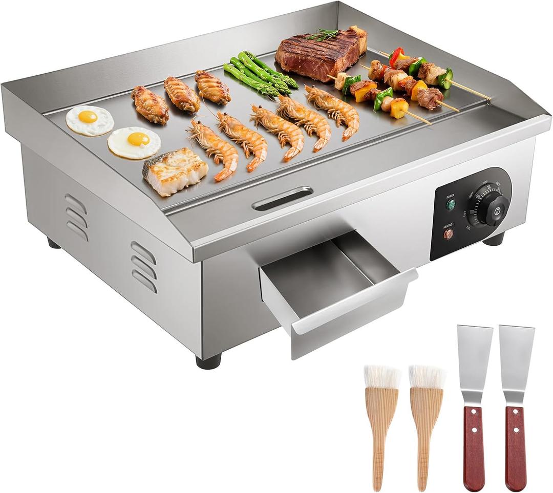 VEVOR Commercial Electric Griddle, 21 x 11.8 inch, 1750W, 122-570F Adjustable Temp Control, Stainless Steel Countertop Flat Top Grill with 2 Spatulas, 2 Brushes and 4 Foot Pads, for Steak, Pancake