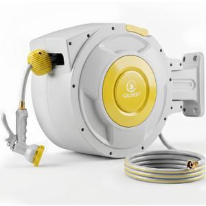1/2" x 130 ft Retractable Garden Hose Reel, Heavy Duty Water Hose Reel | Any Length Lock, 180Swivel, Wall Mounted Water Hose with 8-Function Nozzle for Cleaning, Watering(Yellow)