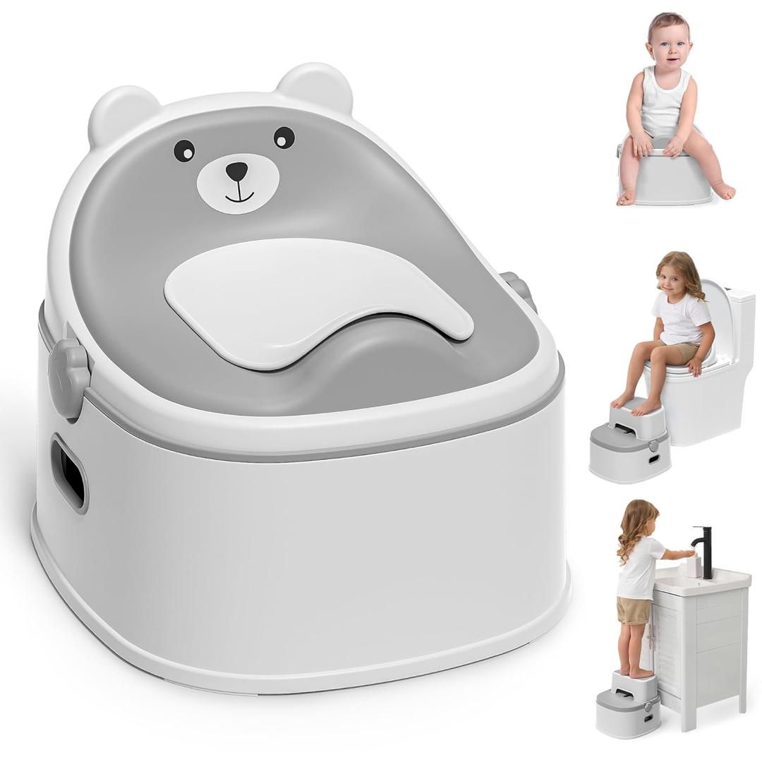 3-in-1 Potty Training Toilet, Portable Potty, Potty Training Seat and Toddler Step Stool, Easy Setup and Clean, Anti-Slip Toddler Potty Trainer for Boy Girl,Grey
