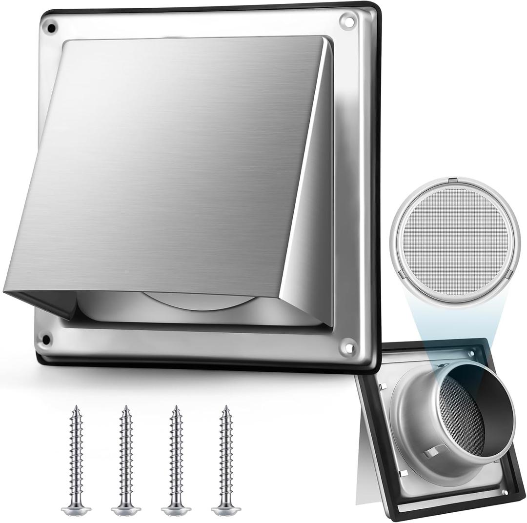 Gisafai 5 Inch Dryer Vent Cover Outdoor with Stainless Steel Screen Sliver Wall Dryer Exhaust Vent Cover External Cap Cushioned Non Return Flap with Sealing Gasket Grille, Bird/Insect Proof