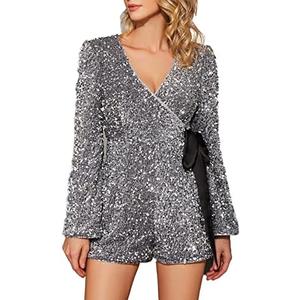 EXTRO&VERT Sequin Romper for Women Sparkly One Piece Jumpsuit Long Sleeve Disco Party Outfit. XXL
