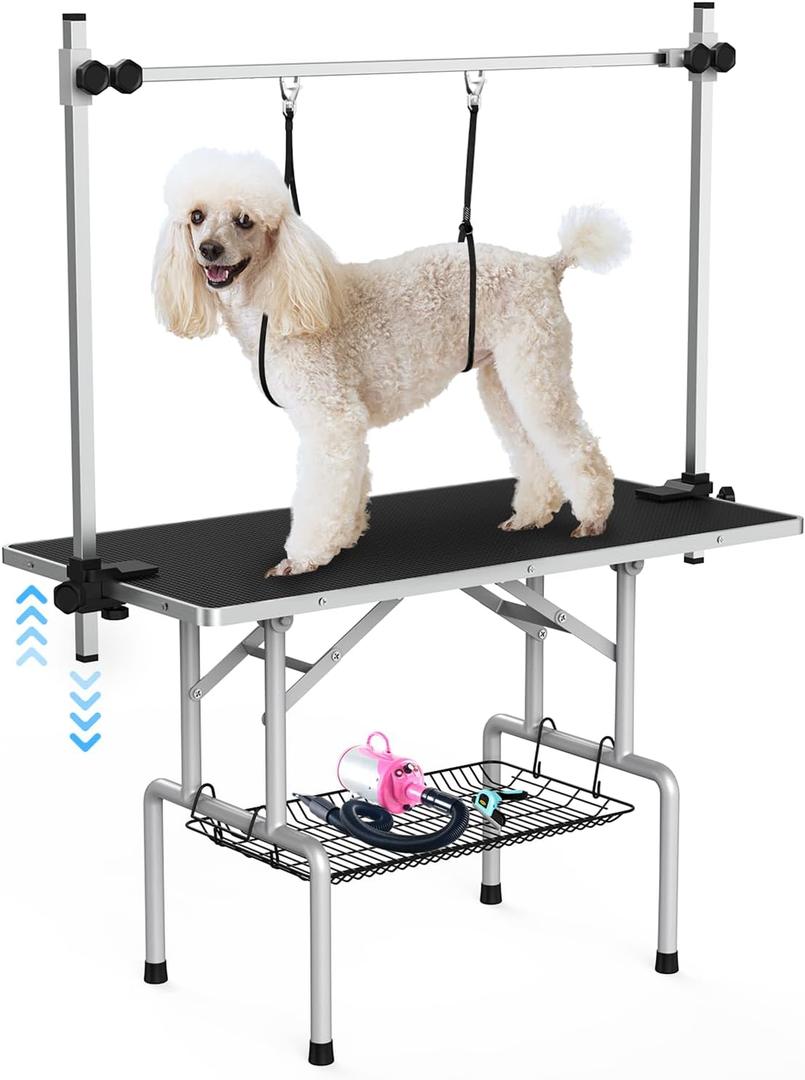 Lyromix 42''Large Dog Grooming Table, Adjustable Cat Drying Desktop with Arms, Nooses, Mesh Tray, Foldable Pet Station at Home, Maximum Capacity Up to 330Lb, 42inch, Black