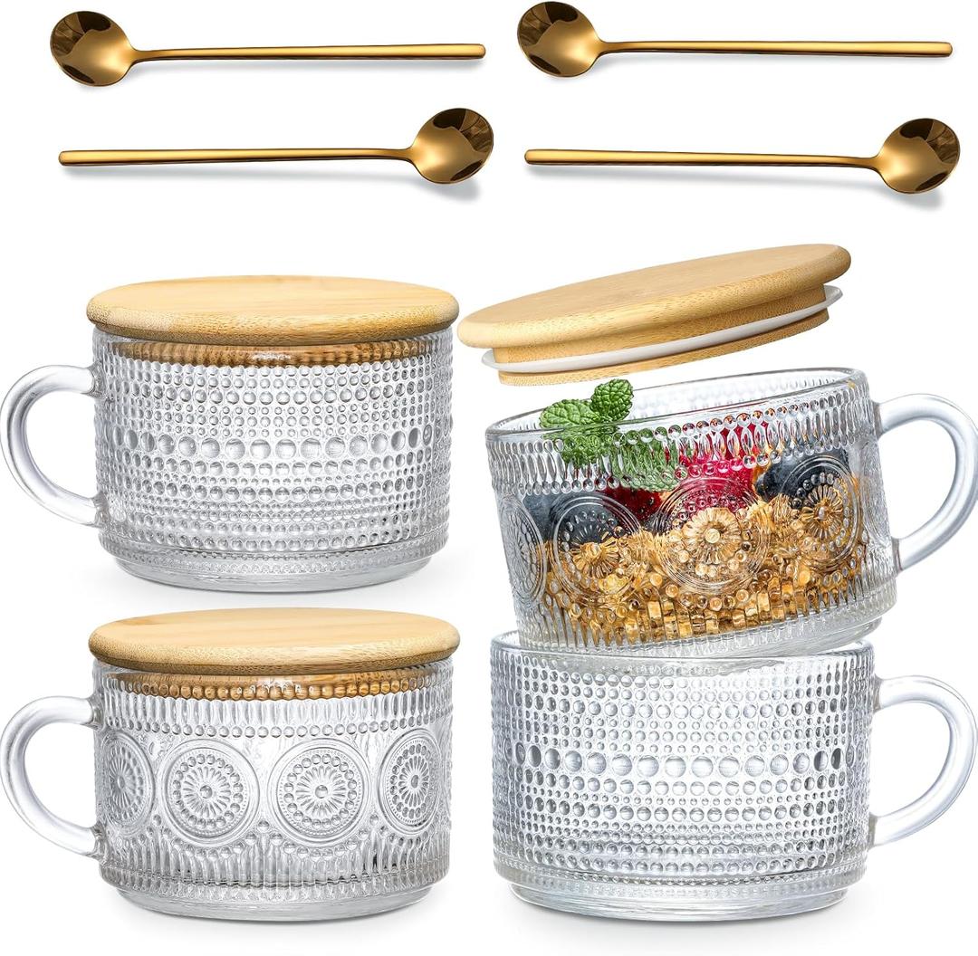 4pcs Set Vintage Coffee Mugs gifts for women, Overnight Oats Containers with Bamboo Lids and Spoons  14oz Clear Embossed Glass Cups, Cute Coffee Bar Accessories, Iced Coffee Glasses