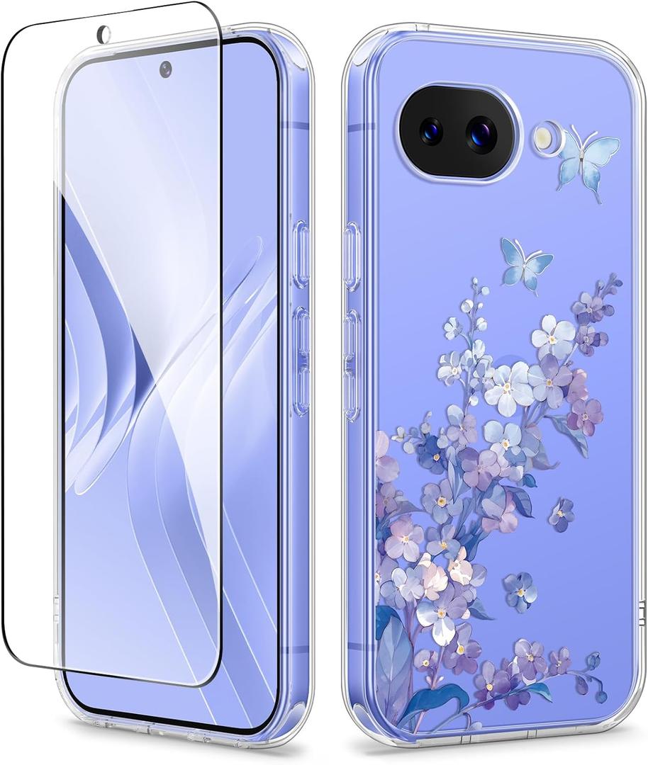 GVIEWIN for Google Pixel 10a Case with Screen Protector, [Military Grade Drop Protection] Non Yellowing Clear Floral Slim Phone Cover for Women 2026 6.3"(Syringa/Purple)