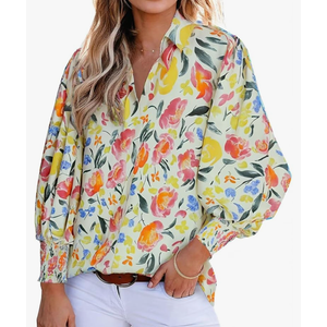 Women 2025 Loose V-Neck Shirts Paisley Print Lantern Sleeve Blouse Boho Tops L