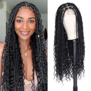 Alebery 13X8 HD Lace Front Boho Knotless Box Braided Wigs for Black Women Boho Curls Box Braid Wigs with Baby Hair Black Lightweight Synthetic Lace Frontal Box Braided Wig with Curly End (30 inches)