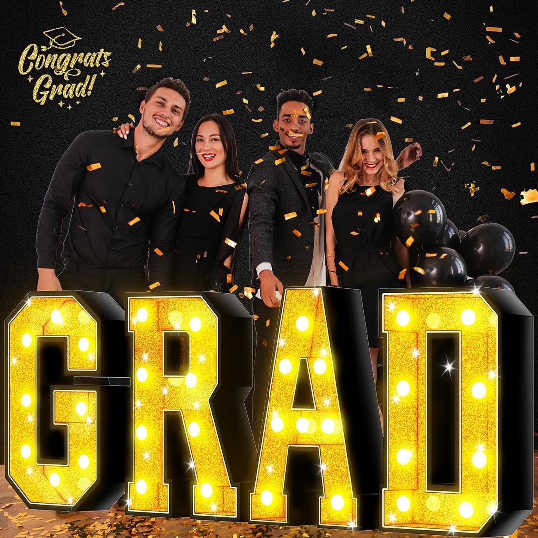 Graduation Decorations Class of 2025, 8 LED 2.3 FT Large Marquee Light Up Letters "GRAD" Sign for Kindergarten,Preschool,High School,College Graduation Prom Decor -Black Golden Glitte