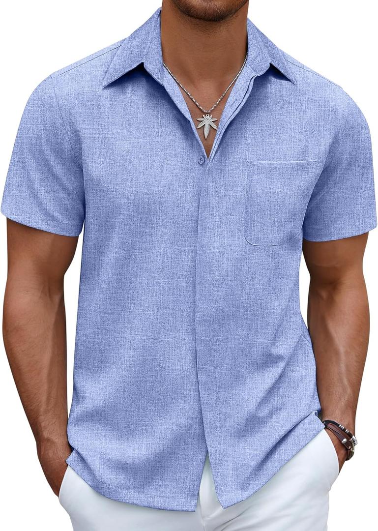 COOFANDY Mens Linen Shirt Casual Short Sleeve Button Down Shirt Summer Beach Vacation Wedding Wear (Medium, Ocean Blue)