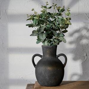 SIDUCAL Rustic Ceramic Farmhouse Flower Vase with 2 Handles, Terracotta Vase, Decorative Pottery Flower for Home Decor, Table, Wedding, Living Room, Shelf Decor, 7.3 Inch, Black Bronze