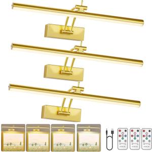 Yuichoy 3 Pack Picture Light Battery Operated for Wall, 16" Wireless Display Art Lighting for Painting with Remote, Dimmable 5200mAh Library Light, Gold Picture Frame Lights for Gallery
