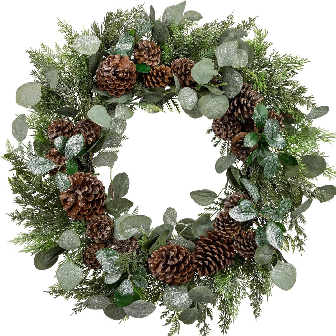 Briful Artificial Christmas Wreath 24 Inch Large Front Door Wreath with Glittering Eucalyptus Green Leaves Pine Branches Pine Cones for Home Room Mantle Wall Window Xmas Indoor Outdoor Decor