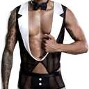 Mens Butler Waiter Cosplay Costume Tuxedo Sexy Lingerie Set Role Play Servant Dress Uniform Gay Bar Nightclub Outfit (Black White-01, One Size)