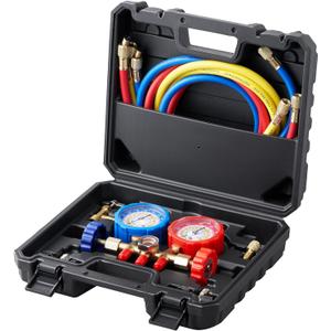 AC Gauge Set, 3-Way AC Manifold Gauge Set for R134A, R22, R12, R502 Refrigerants  Freon Gauges Include 5 ft Hoses, Couplers, and Can Tap for Car Auto Freon Charging and Evacuation