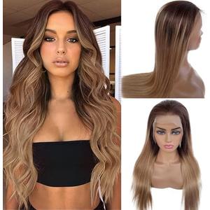 OiMiGO Highlight Straight Lace Frontal Wigs Human Hair 13x6 Transparent HD Lace Front Wigs Human Hair Pre Plucked, 180% Density Brazilian Virgin Hair Brown to Blonde Wigs for Women(#4/27A 16Inch)