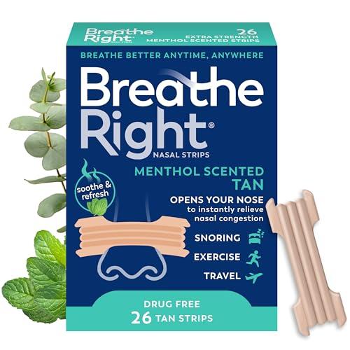 Breathe Right Extra Strength Nasal Strips, Menthol Scented, Drug Free, Less Snoring & Better Breathing from Nasal Congestion, Tan, 26 Count