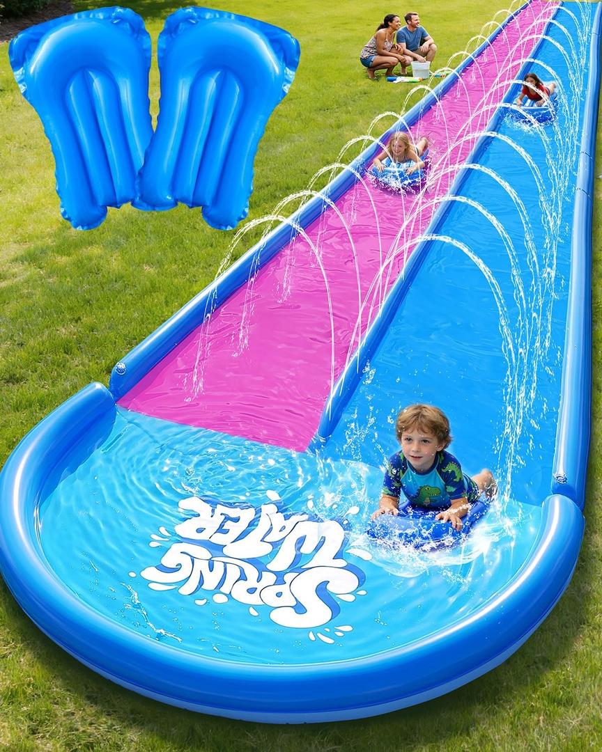 Spring Water 22ft Inflatable Slip and Water Slide for Kids, 2 Racing Lane Giant Slip n Water Slides for Backyard Heavy Duty with 2 Bodyboards, Outdoor Summer Water Toys Funs Sprinkler