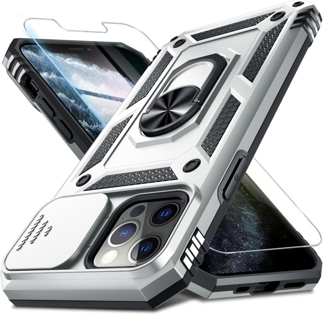 Janmitta Case for iPhone 16 Phone Cover Built in Slide Camera Lens Cover+Screen Protector, Heavy Duty Shockproof Full Body Phone Case with Finger Ring Holder Kickstand, Silver