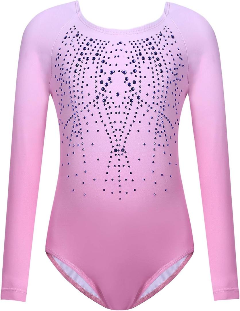Zaclotre Kid Girls Gymnastic Leotard Long Sleeve Color Gradient Sparkly Ballet Dance One Piece Outfit (9-10 Years, Pink)