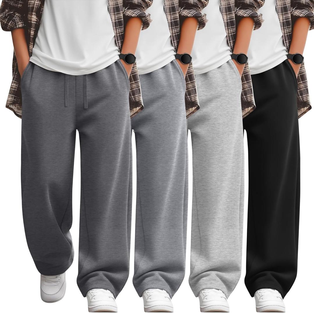 4 Pack Boys Sweatpants Lightweight Baggy Pants Teen Youth Straight Leg Open Bottom Casual Athletic Kids Joggers (XX-Large, Dark Gray, Light Gray, Gray, Black)