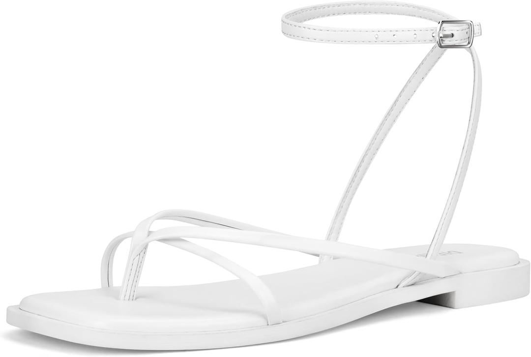 Womens Flats Sandals Square Toe Strappy Ankle Strap Flats (8, White)
