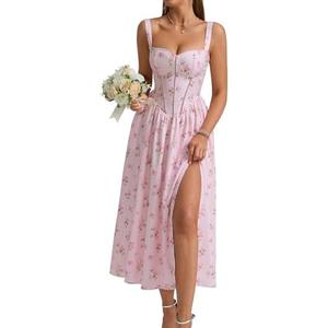 KUTUMAI Floral Corset Midi Dress Flowy Slit Summer Spring Wedding Guest Dresses for Women Sundress with Pockets, Size L