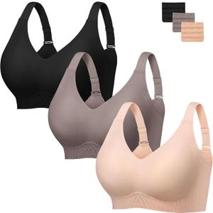 habibee Push Up Bras for Women Plus Size Wireless Full Coverage Bra for Large Breast, Seamless Everyday Bralette 32D-44D (Medium, Black+coffee+nude)
