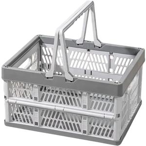 Collapsible Storage Crate with Handles, Milk Crates33L Foldable Plastic Shopping Basket, Organizer Container for Car Home Pinic (Light gray, Large)