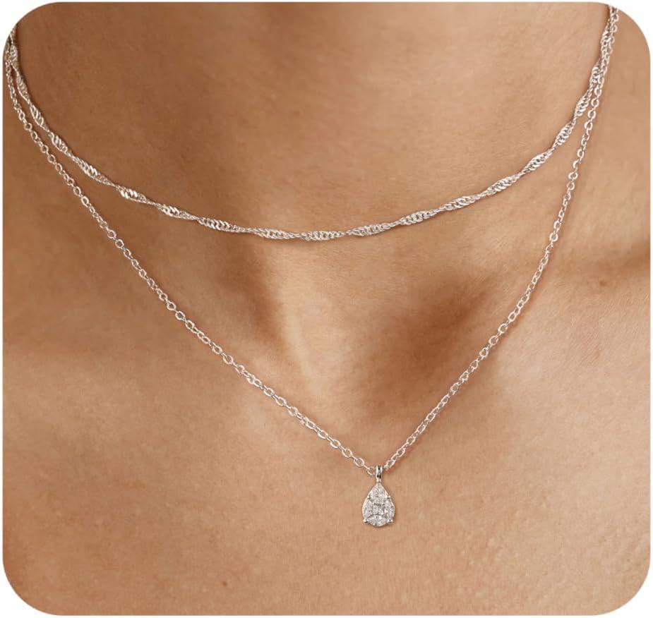 ACECHA Silver Layered Necklaces for Women, Dainty Singapore Chain Choker Necklace with Simple Diamond Pendant Trendy Charm Jewelry Gifts