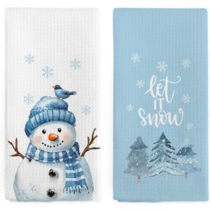 Blue Christmas Snowman Decor Kitchen Towels Set of 2, Winter Christmas Hand Towels for Bathroom, Blue Winter Xmas Tree Snowman Bird Dish Tea Towel for Kitchen, 16x24 Inch