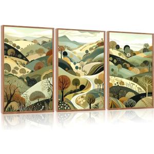Aurlan Abstract Mountain Landscape Wall Art Set(16”x24”), 3 Pieces Green Forest Nature Framed Canvas Artwork, Large Boho Minimalist Watercolor Scenery Wall Decor for Office Bedroom Living Room