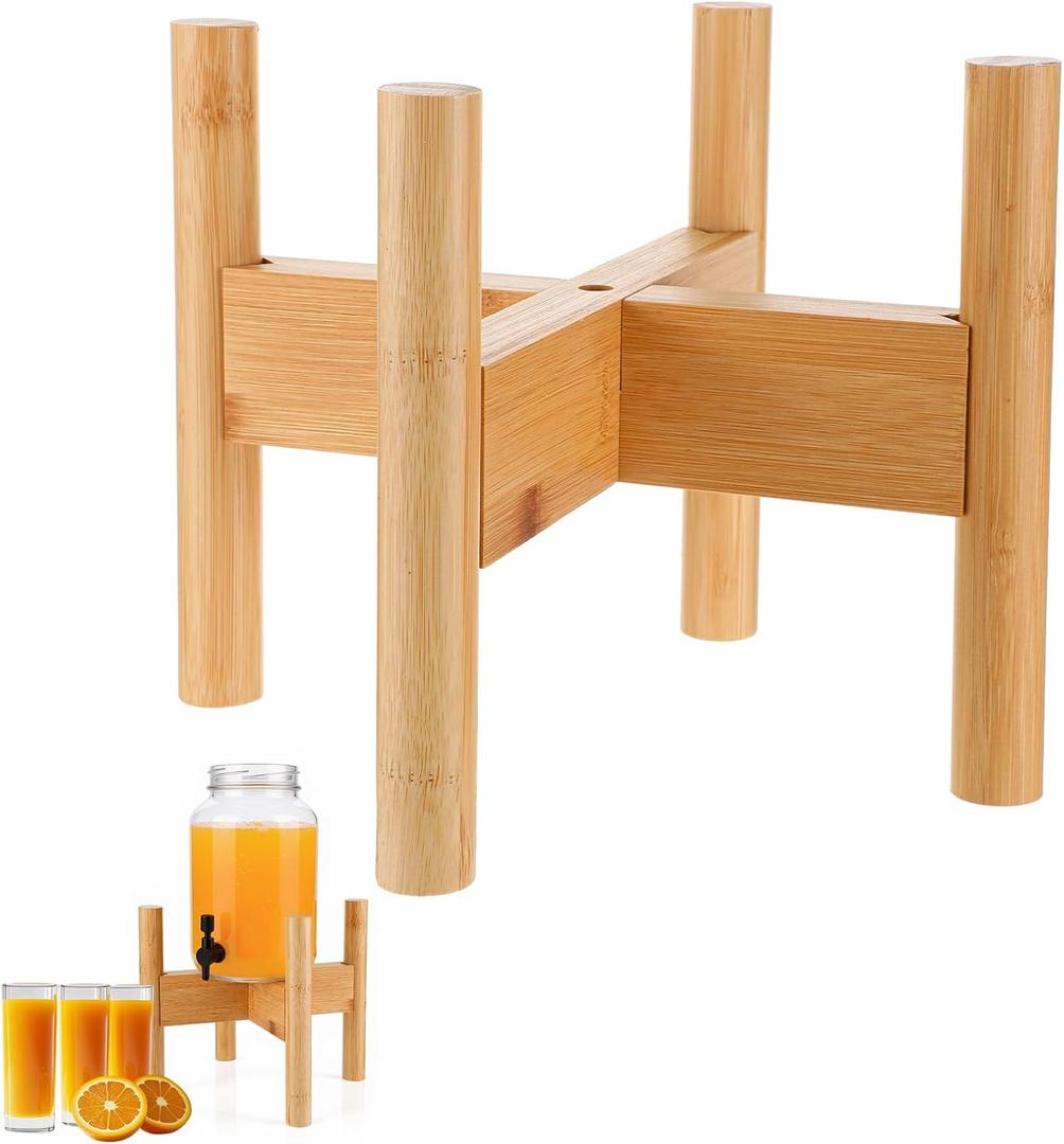 Bamboo Drink Dispenser Stand Adjustable Sideways to Fit 8-11 Inch Glass and Plastic Water Dispensers, Water Dispenser Holder for 1-3 Gallons Drinks Beverages Lemonades and Juices Jug Container
