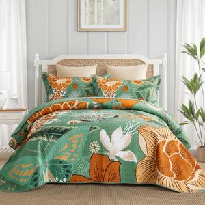Tyrot 3 Piece Sage Green Boho Floral King Size Quilt Sets Farmhouse Botanical Reversible Lightweight Bedspread Coverlet with 2 Shams Butterfly Microfiber Bedding Quilts Set for All Season, 106''x96''