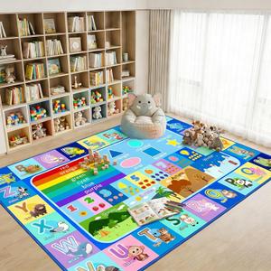 Educational ABC Area Rug for Bedroom, Classroom, 4.5x6 Ft Learning Alphabet Rug with Numbers Animals Seasons Fruits, Non-Slip Washable Soft ABC Floor Carpet, Blue