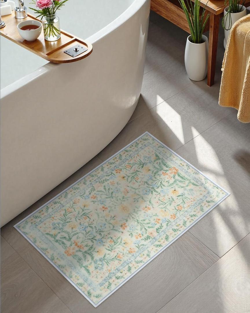 Seavish Sage Green Bathroom Rugs Non Slip Washable, 16 x 24 Inch Small Boho Floral Bathroom Rugs, Soft and Absorbent Plush Bath Mat for Sink Vanity Shower