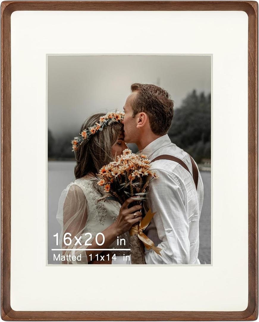 16x20 Picture Frame, Display Photos 11x14 with Mat or 16x20 without Mat, Made of Solid Natural Walnut Wood with Plexiglass Vertical Horizontal Wall Mounted Gallery Poster Frame