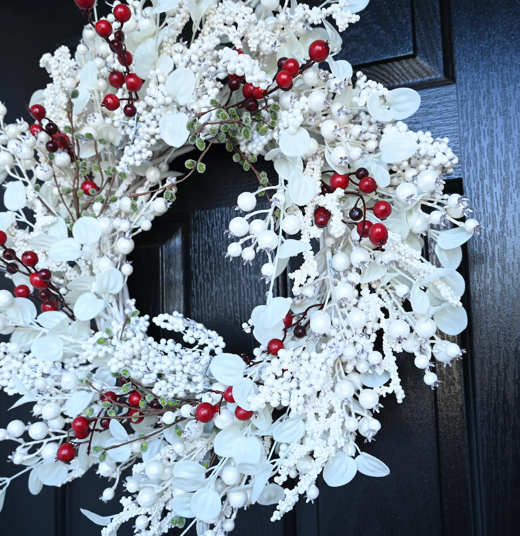 24 inch White Christmas Wreath,Winter Wreaths for Front Door with Pinecones Berries for Fireplace Xmas Decorations,Front Porch Decor and Wall Window Decor