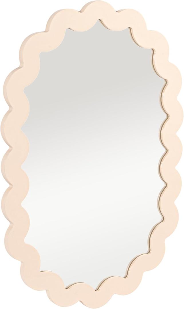 Bloomingville Wood Framed Scalloped Wall Mirror, Cream Color