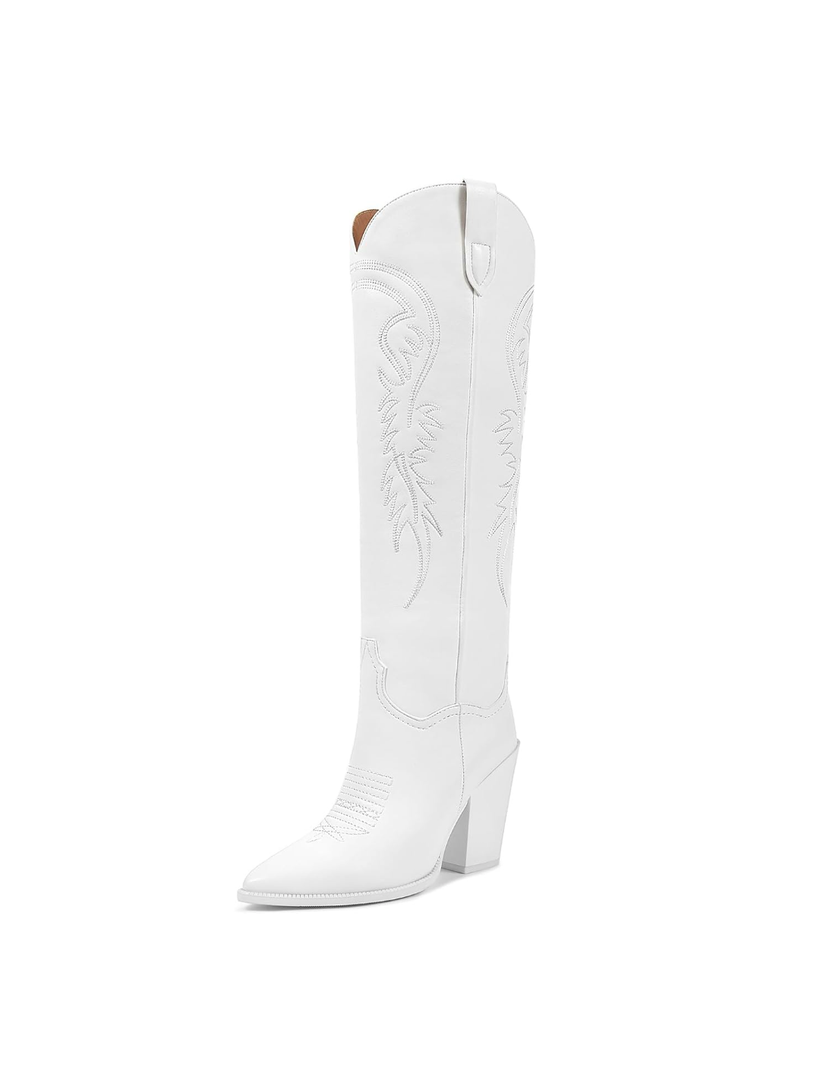 ISNOM Women's Cowgirl Boots Pull On Knee High Boots, Cowboy Western Embroidered Chunky Block Heel Pointed Toes Boots, Size 8US