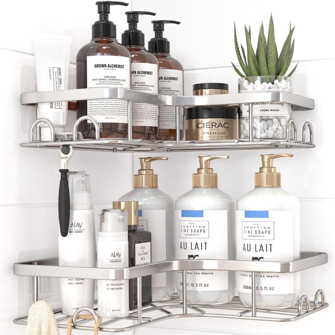 Corner Shower Caddy - 2 Pack, Adhesive Shower Organizers, Rustproof Stainless Steel Shower Shelves with 8 Hooks, No Drilling Bathroom Organizers and Storage Racks, Space-Saving, Silver, Medium