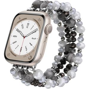 VISOOM Beaded Boho Bracelet Compatible for Apple Watch Band 40mm/38mm/41mm Series 9 8 7 SE Women Fashion Cute Handmade Crystal Beads Stretchy Watch Strap for iWatch Bands Series 6/5/4/3/2/1 (Black)